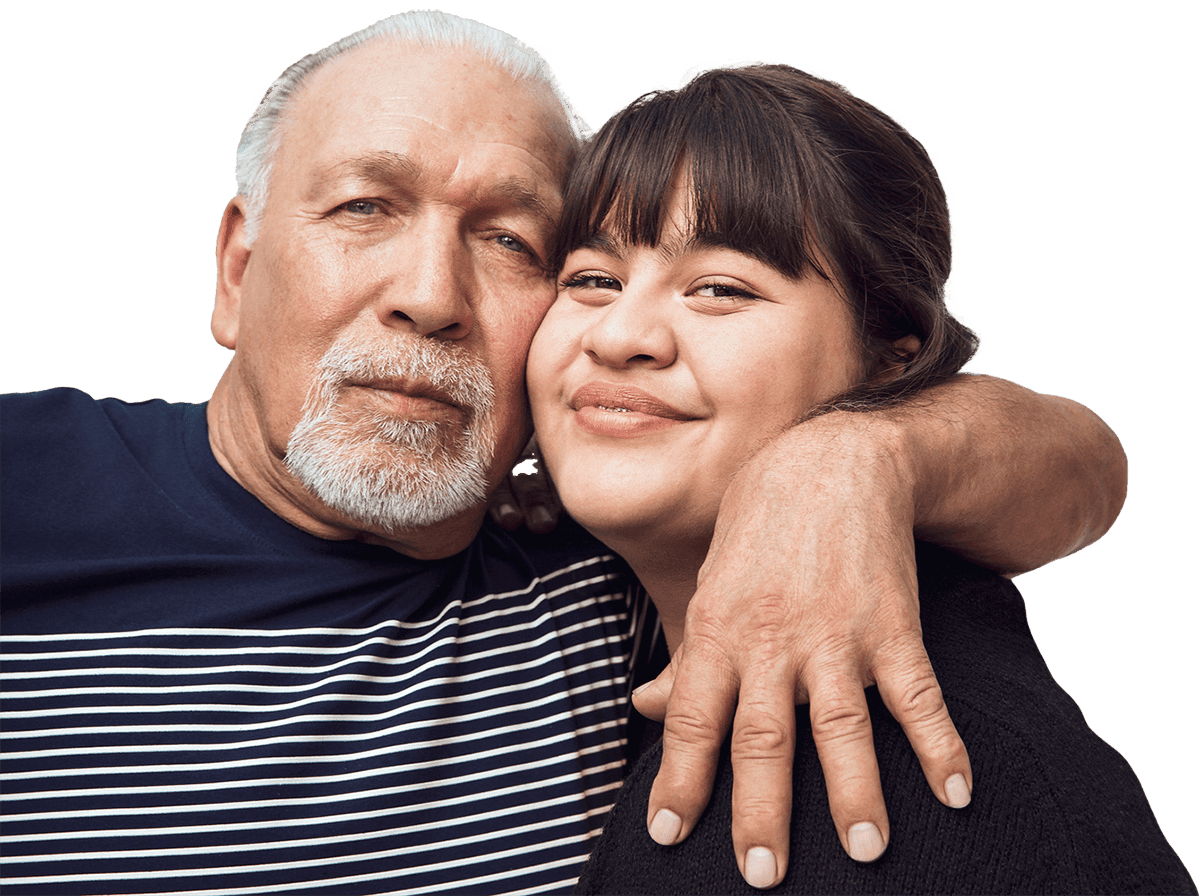 Father and daughter hugging. Actor portrayal.